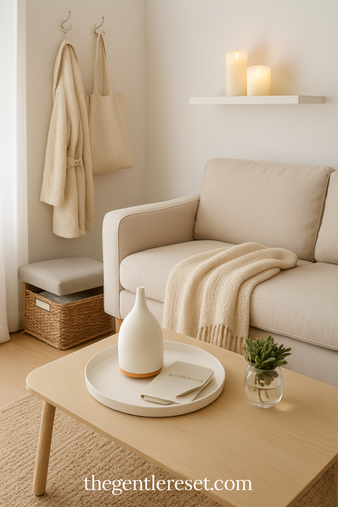 “Cozy neutral corner with vacuum bags, over-the-door hooks, foldable storage bin, soft blanket, flameless candles, diffuser, journal, and mini faux plant.”