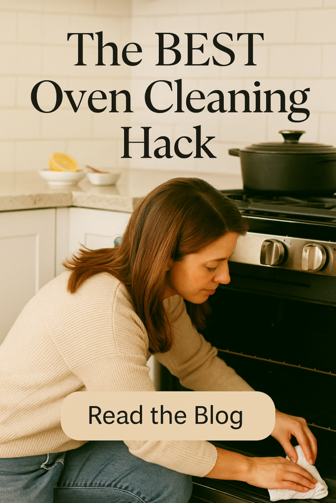 Natural oven-cleaning hack using baking soda and vinegar, demonstrated in a cozy lifestyle setting for busy moms wanting a chemical-free kitchen reset.