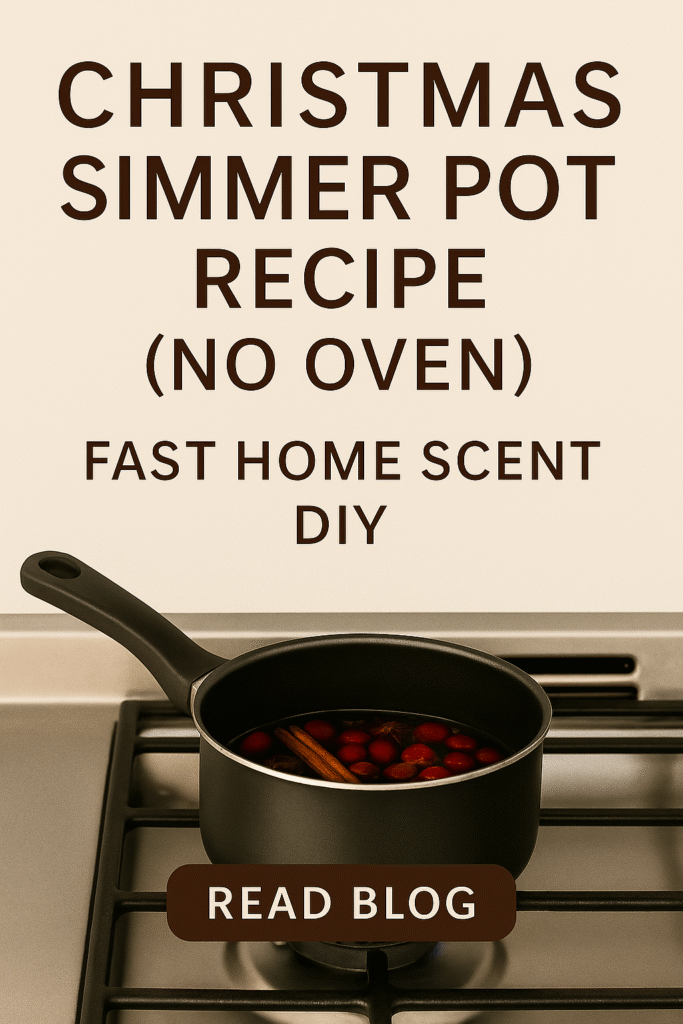 A black saucepan simmering a Christmas stovetop potpourri with cranberries, cinnamon and cloves on a stovetop, promoting a no-oven holiday home scent DIY.