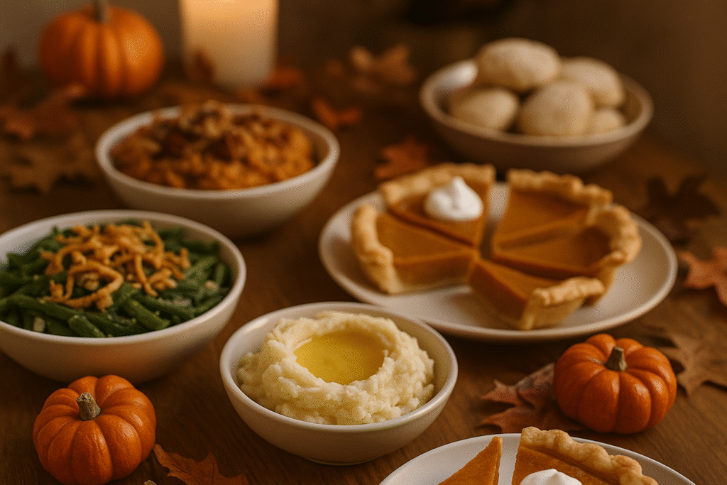 Thanksgiving side dishes and dessert plates styled on a warm, cozy fall table.