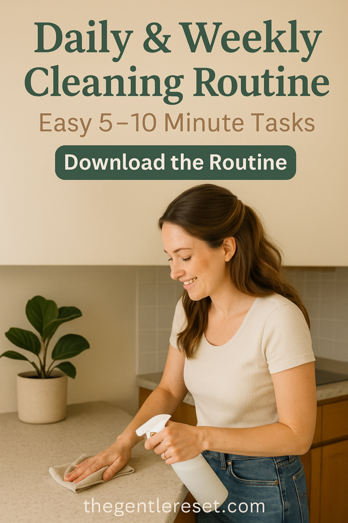 A lifestyle flatlay showing a tablet and coffee cup with a Cleaning Routine for Busy Moms displayed on the screen. The overlay text reads ‘Daily & Weekly Cleaning Routine for Busy Moms – Easy 5–10 Minute Tasks.’ Clean, minimalist aesthetic promoting a simple cleaning schedule for busy moms.