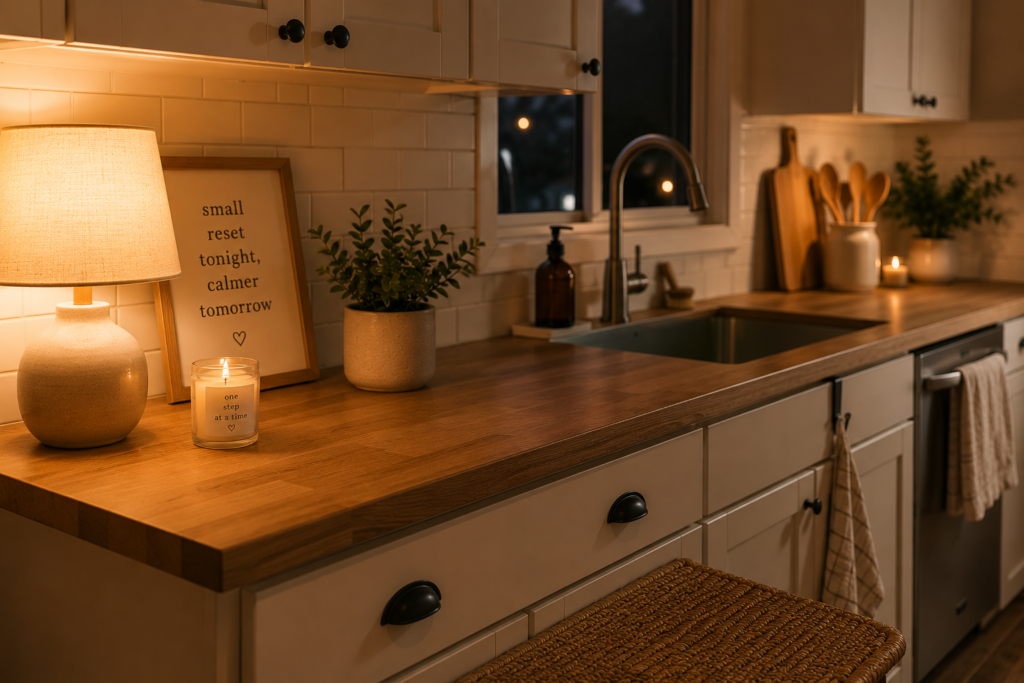 Cozy evening kitchen counter reset with warm lighting, clean surfaces, and a simple home reset routine for busy moms.
