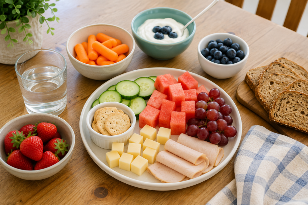 Simple summer lunch snack plate with fruit, cheese, crackers, turkey, cucumbers, and watermelon on a kitchen table.