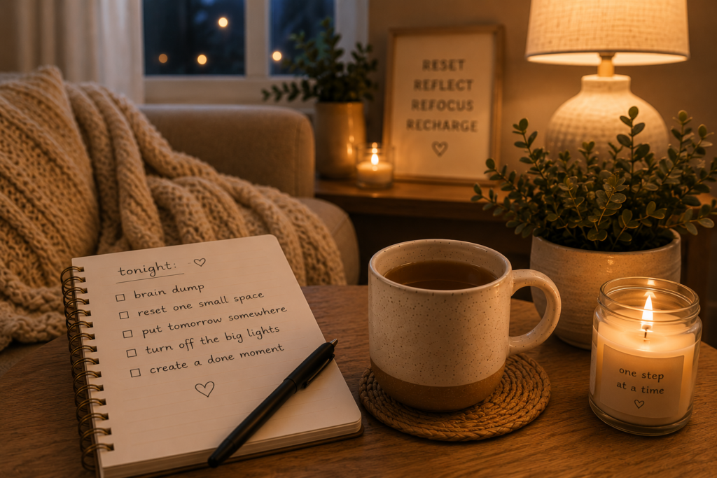 Tiny evening resets that help busy moms mentally slow down, featuring a notebook, tea mug, candle, and cozy evening setting