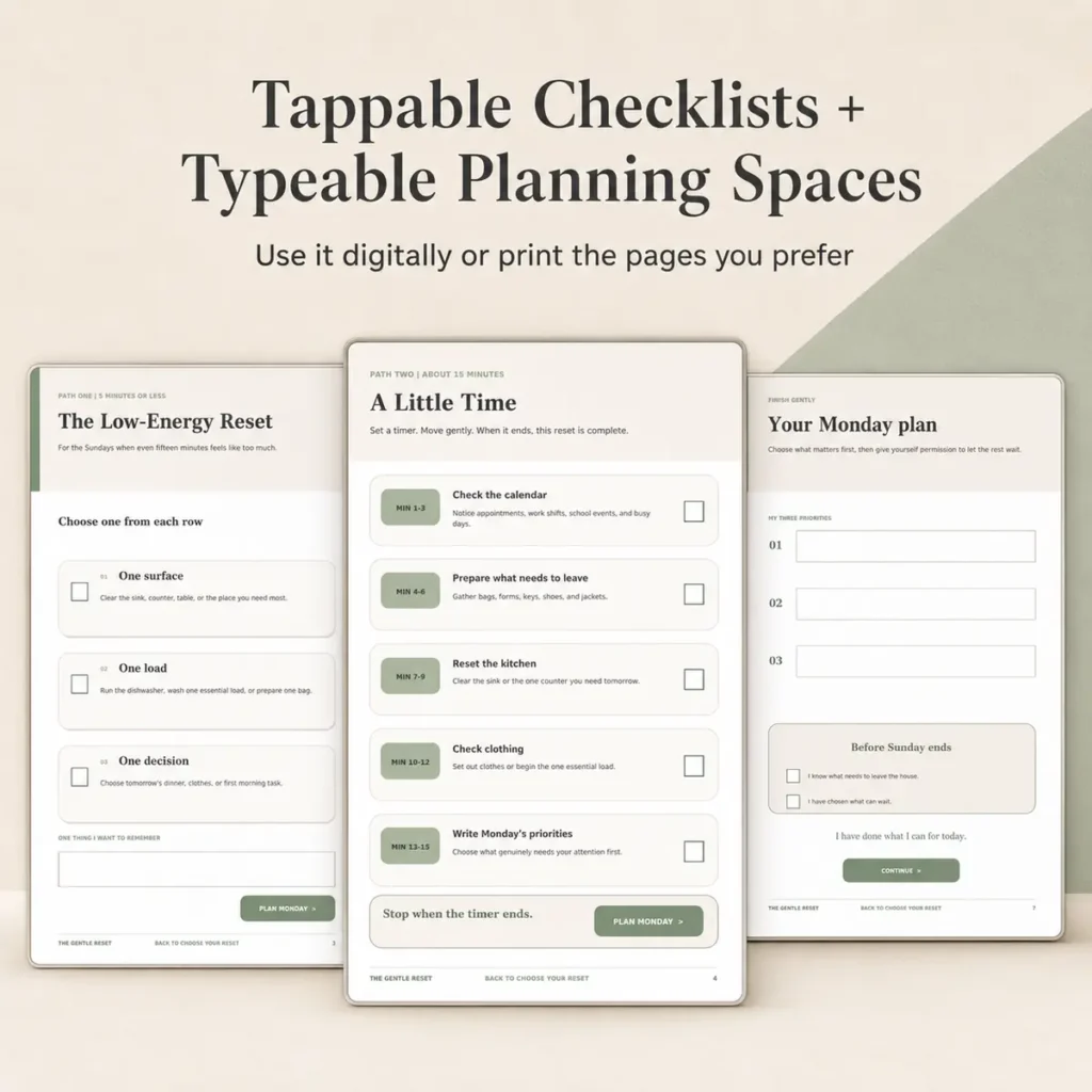 Preview of the fillable Gentle Sunday Reset Checklist for busy moms