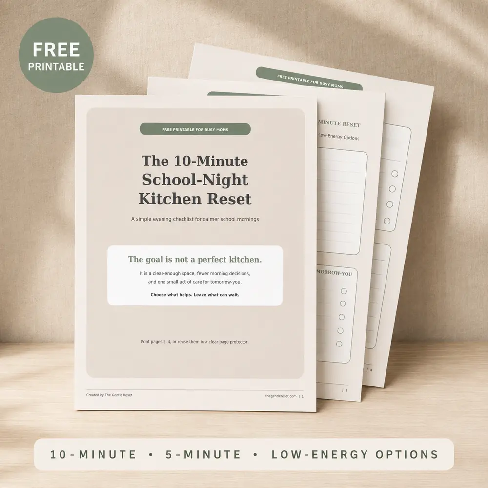 Free 10-minute school-night kitchen reset printable with 5-minute and low-energy options